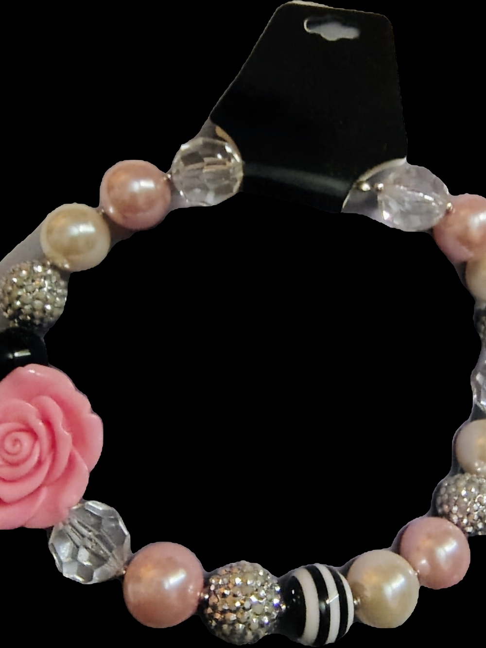 Hand Crafted Pink Rose Beaded Necklace - Pink, Pearl, Black, Clear